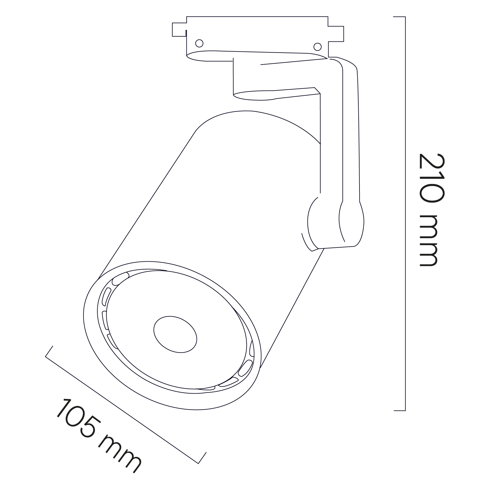 Diagrama de medidas de luminaria LED tipo SPOT para ríel SPOT TRACKLIGHT III