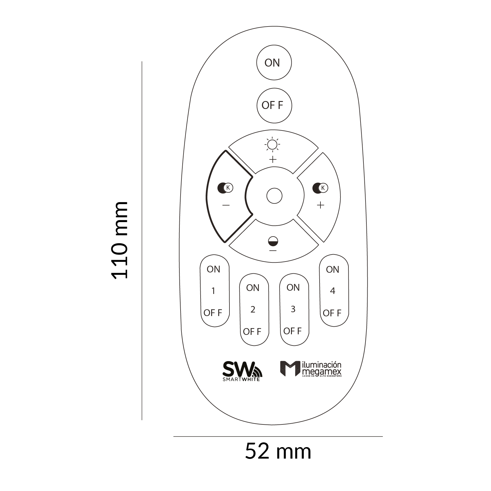 Diagrama de medidas del control remoto SWRC1 para luminarias LED SmartWhite