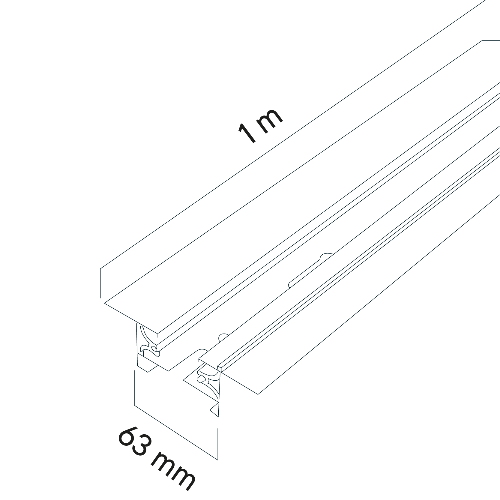 Diagrama de medidas del ríel de empotrar de 1 metro de largo, para luminarias LED Tracklights