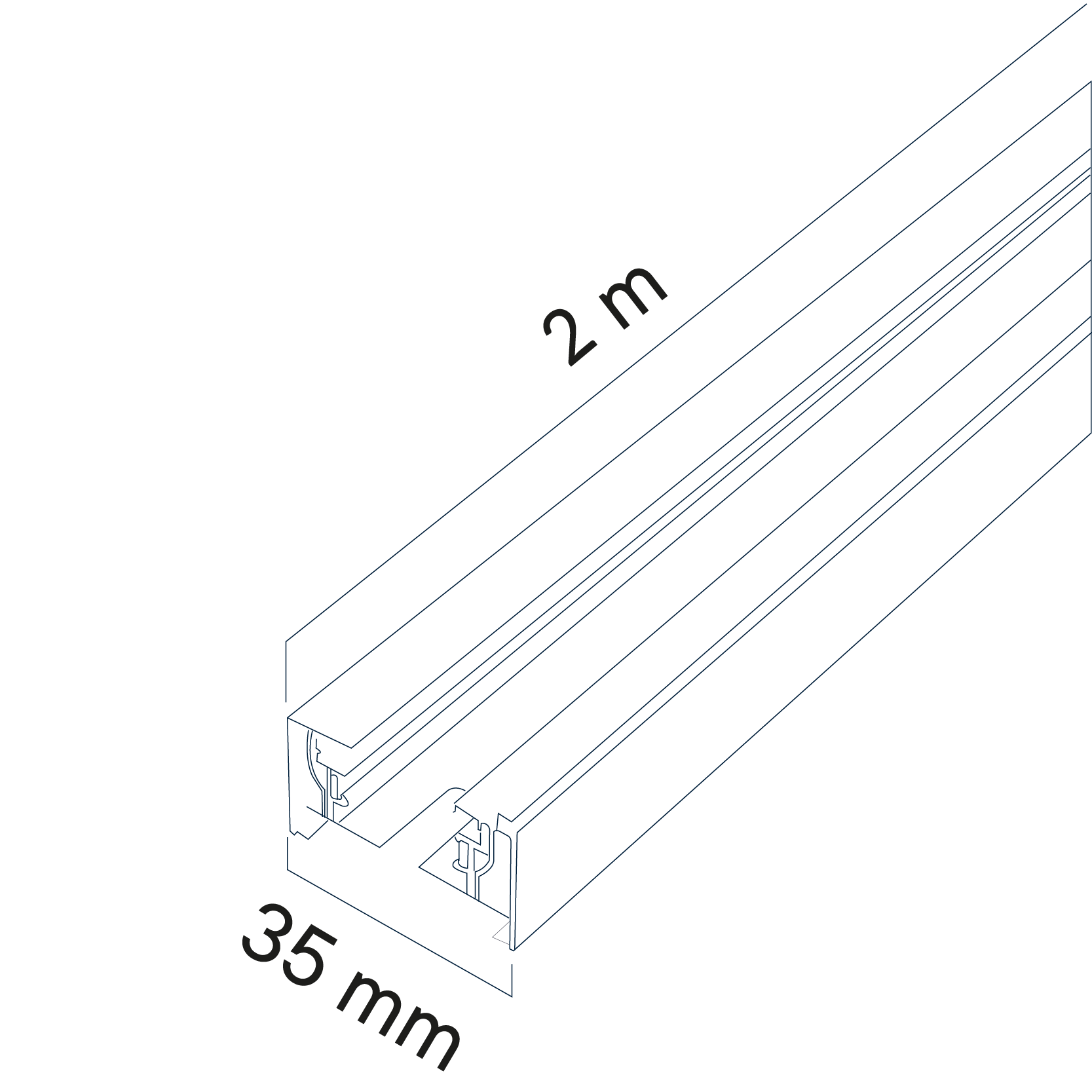Diagrama de medidas del ríel de sobreponer de 2 metros de largo, para luminarias LED Tracklights