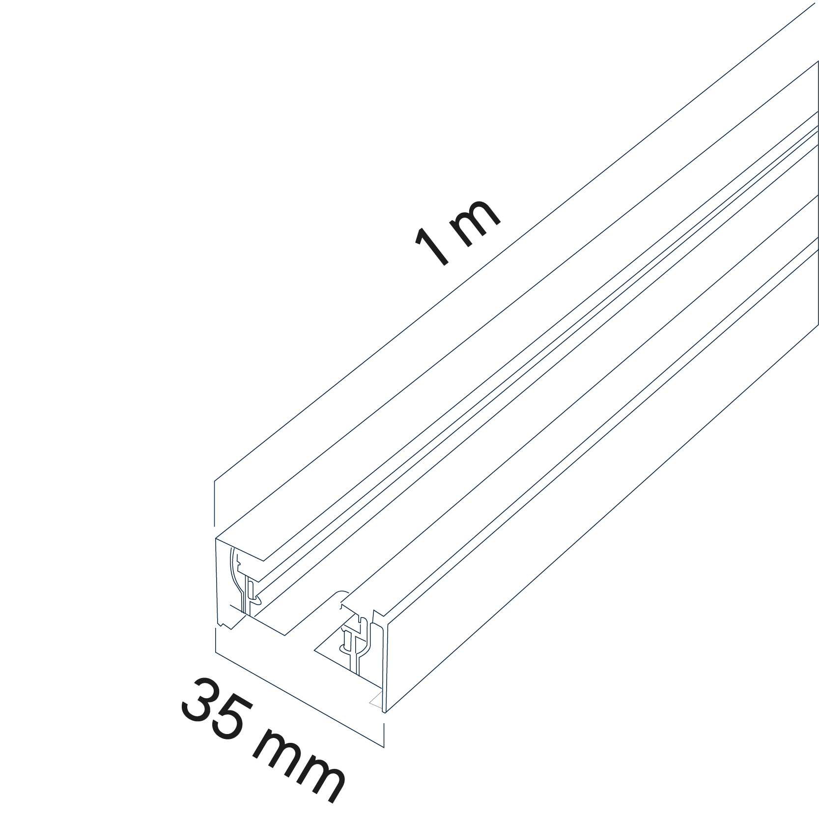 Diagrama de medidas del ríel de sobreponer de 1 metro de largo, para luminarias LED Tracklights